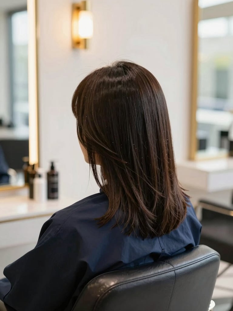 Stylist carefully detailing a modern haircut in a bright, high-end salon with gold accents, soft natural light, professional editorial style