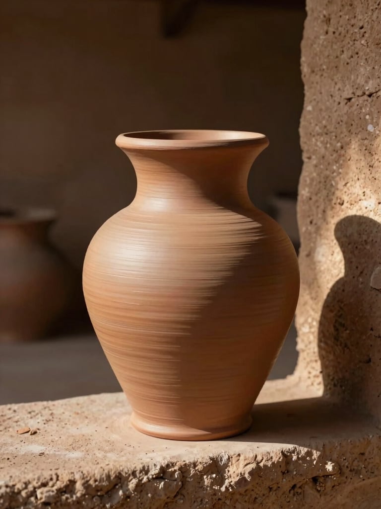 Close-up of a hand-thrown Santa Fe pottery vessel resting on a rough adobe windowsill, warm north-facing daylight raking across the clay texture, ochre and terracotta tones, shallow depth of field, quiet and unhurried