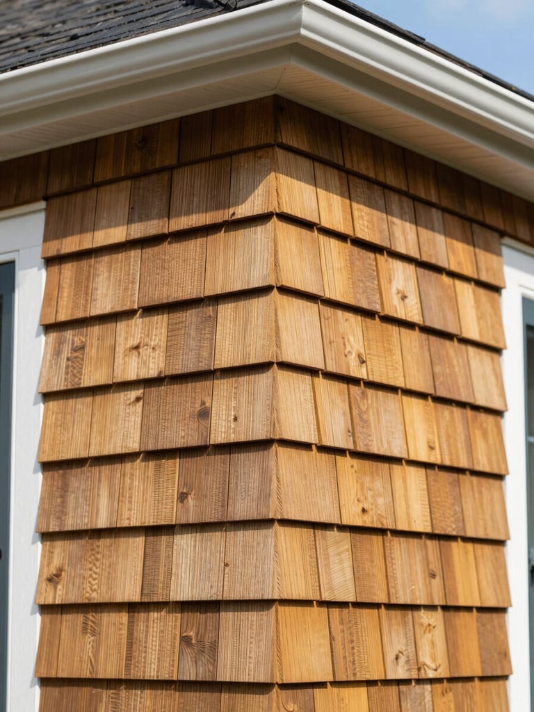 Sunlit close-up of a perfectly aligned cedar shingle corner on a premium South Shore home, architectural detail, bright natural daylight, 35mm lens
