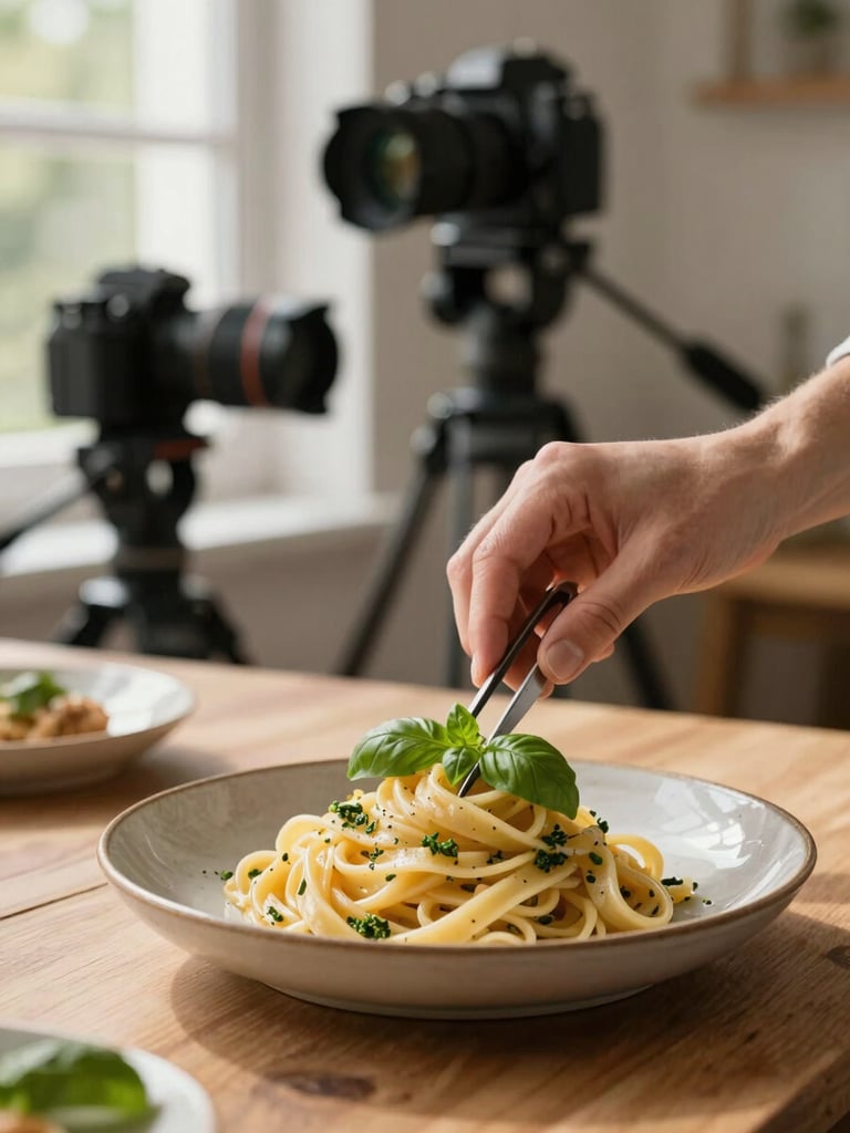 A warm, Scandinavian-style food styling session in progress. Hands carefully placing a fresh basil leaf on a rustic pasta dish using tweezers. Soft, natural morning light coming from a side window, casting delicate shadows. A professional camera on a tripod is partially visible in the soft-focused background, wooden table texture.