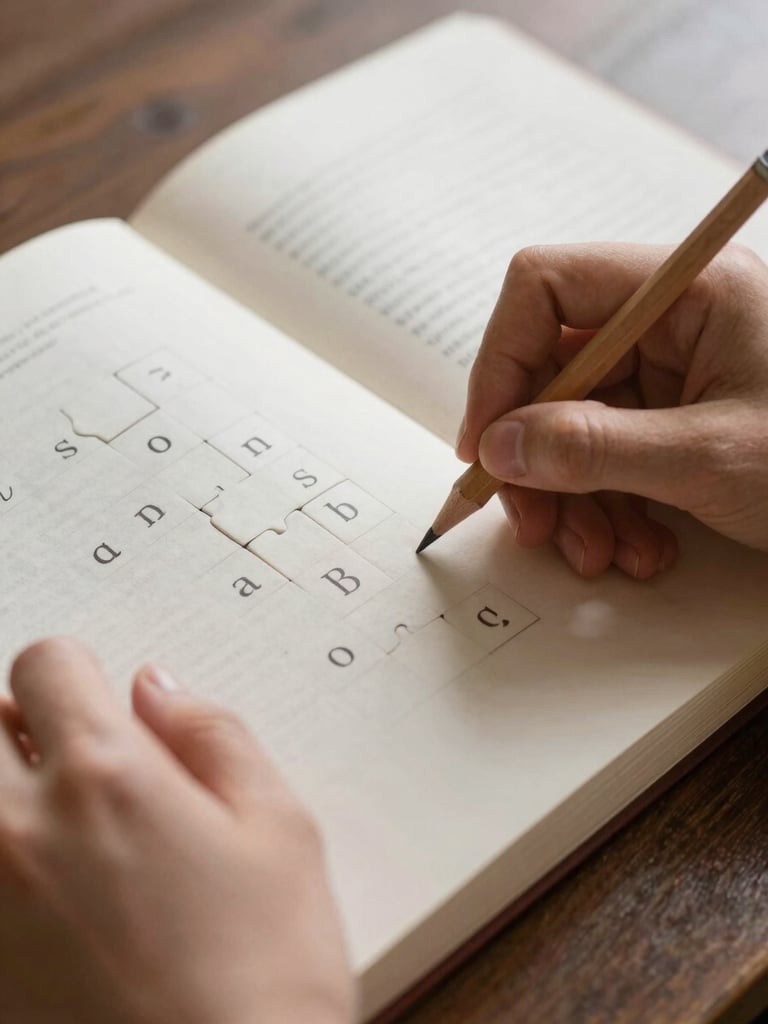 Close-up shot of hands holding a sharp wooden pencil, actively solving a word puzzle in a beautifully bound book, soft morning light casting gentle shadows.