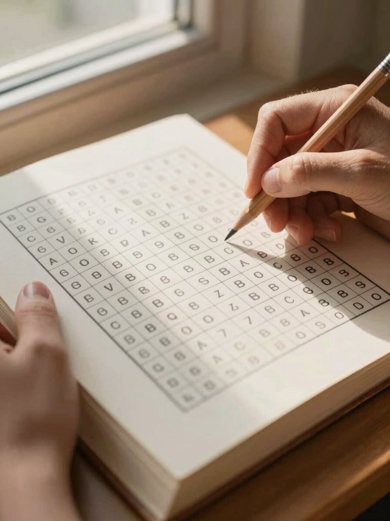 Close-up shot of hands solving a printed word search puzzle on warm cream paper, a sharp wooden pencil resting on the page, soft morning window light
