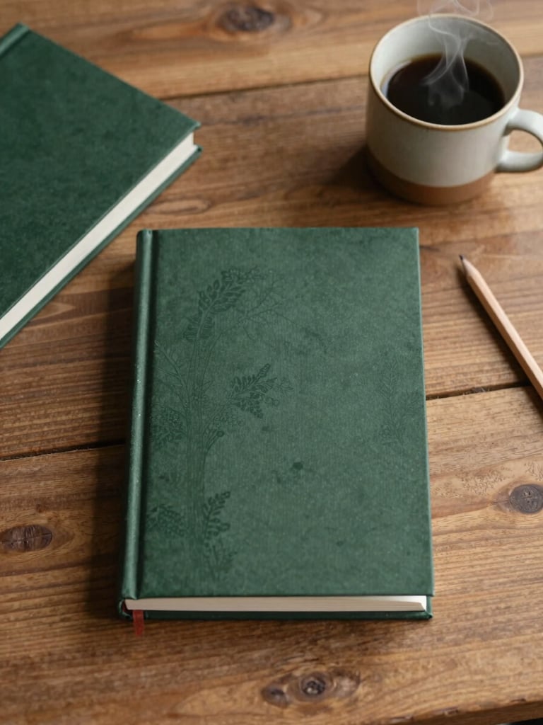 Overhead flat-lay of elegant forest green and warm clay book covers styled on a rustic wooden table with a sharp pencil and a steaming ceramic mug, soft morning light.