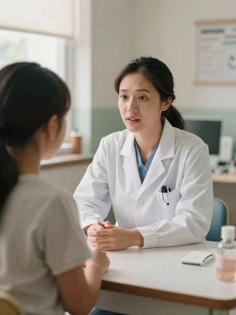 A professional female pediatrician in a naturally lit community clinic, speaking gently with a mother and child, warm muted tones, authentic 35mm film look.