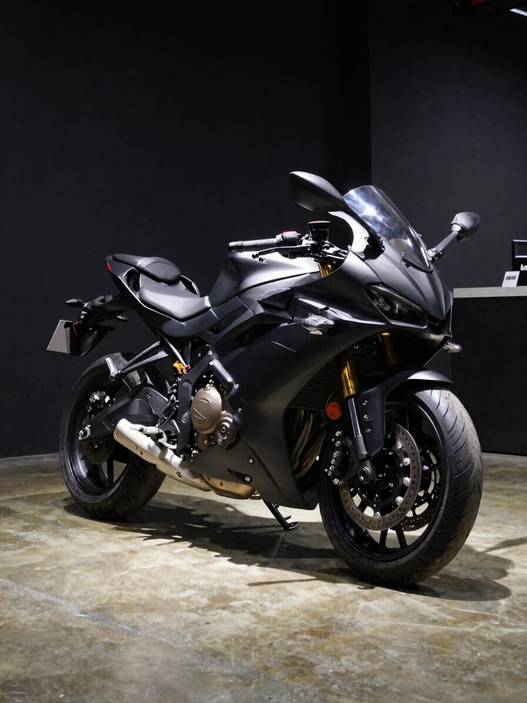 Wide showroom interior, a matte black sport motorcycle centered under a focused overhead studio strobe, hard shadow cast precisely on polished concrete floor — shot from a low 3/4 front angle, the bike occupying the right two-thirds of the frame, deep black background to the left