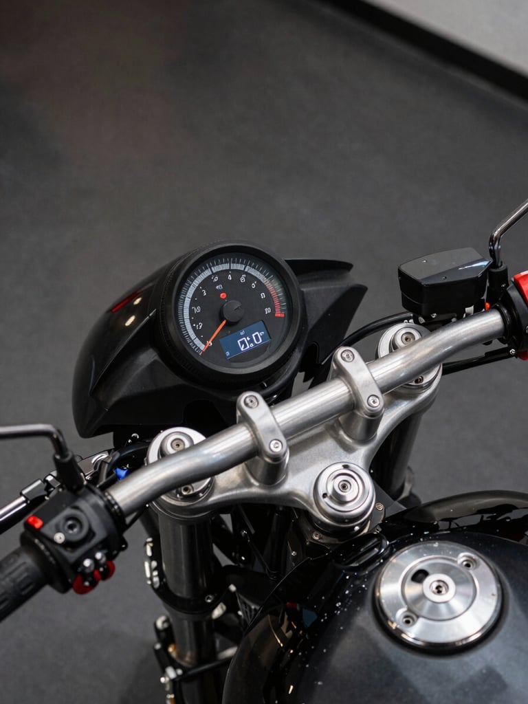 Extreme close-up overhead shot of a motorcycle instrument cluster and handlebar controls on a dark showroom floor, studio strobe lighting casting precise hard shadows, chrome details sharp against matte black bodywork, no rider visible