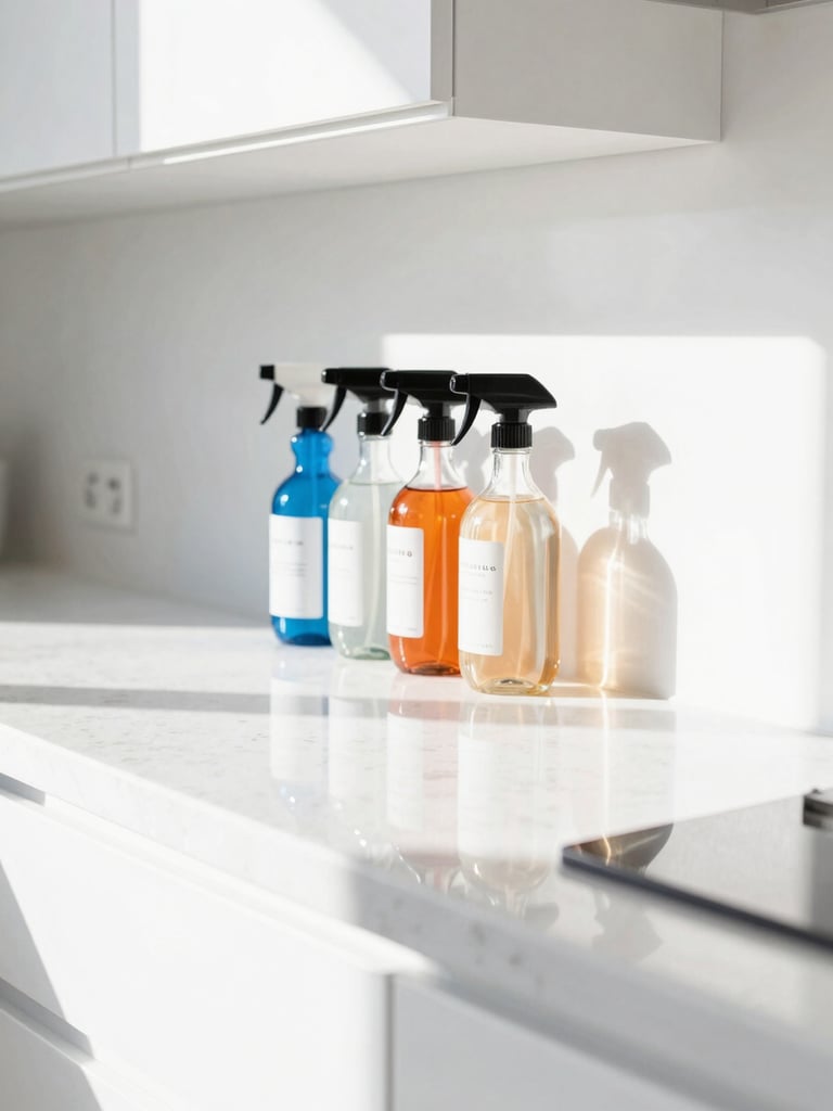 Close-up architectural shot of a pristine white kitchen counter, natural Florida sunlight reflecting off polished stone, a neat arrangement of eco-friendly glass spray bottles, 35mm