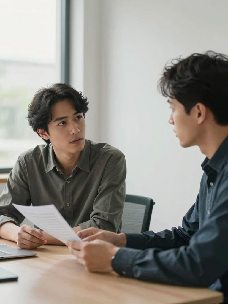 Medium shot of two people seated across a table in a calm, minimal office space, one reviewing a printed document while the other speaks, eye contact visible between them, soft natural daylight from a nearby window