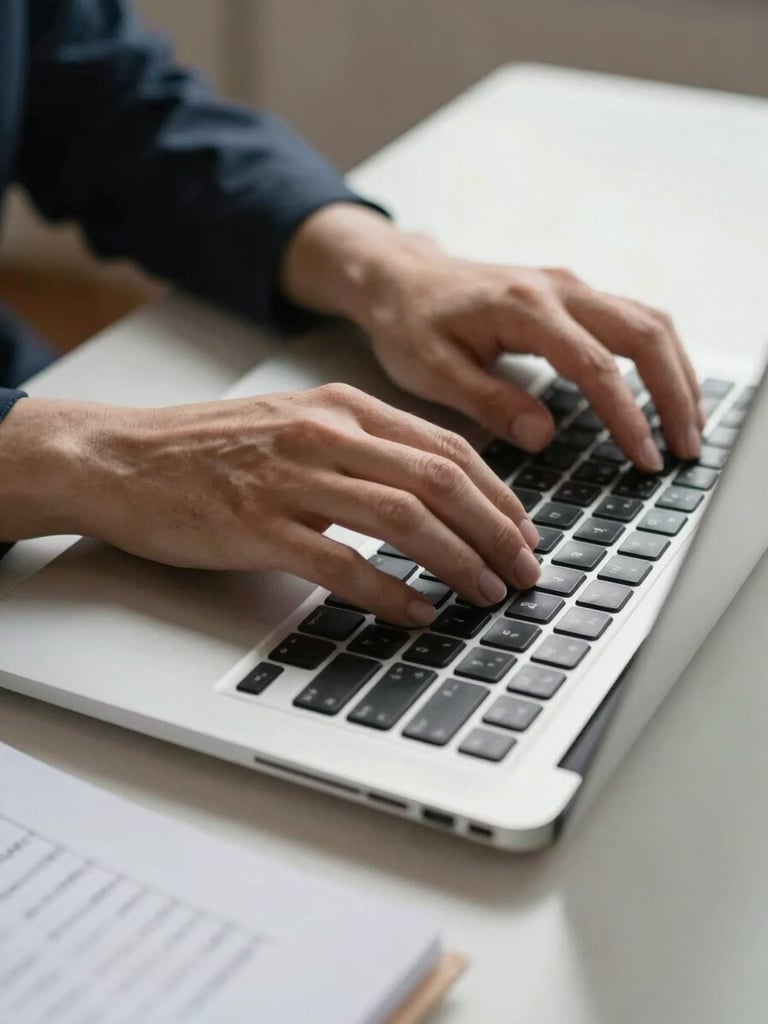 Close-up of professional hands typing on a slim laptop keyboard on a clean desk, soft natural daylight falling from the left, a printed document with handwritten margin notes partially visible at the edge of frame