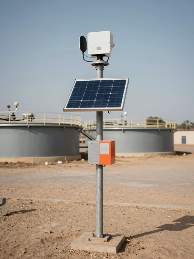 A robust environmental monitoring station installed near an industrial basin, metal casing, solar panel attached, dusty ground, harsh West African daylight, 35mm