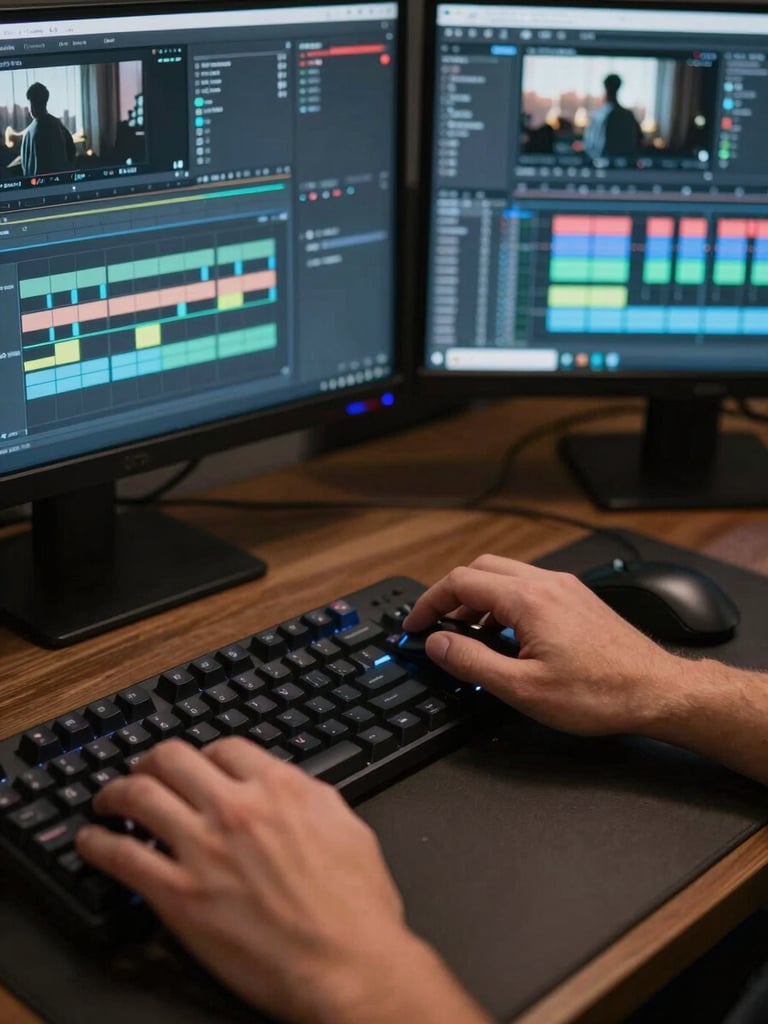 Overhead close-up of a video editor's hands on a mechanical keyboard and precision mouse, dual monitors visible in background showing color-grading software with a YouTube thumbnail in progress — monitor glow illuminates the desk surface, dark surrounding environment, no person's face visible