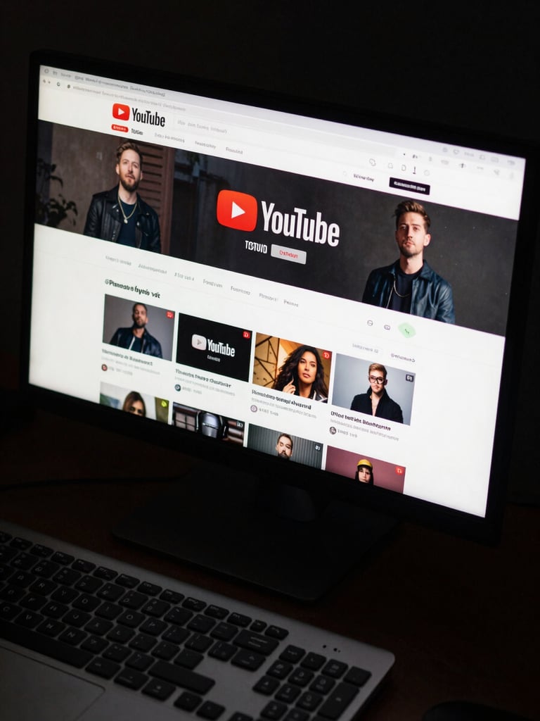 YouTube channel page on a high-resolution monitor showing branded overlay graphics and channel art in a dark edit suite, monitor glow illuminating the keyboard below, overhead angle