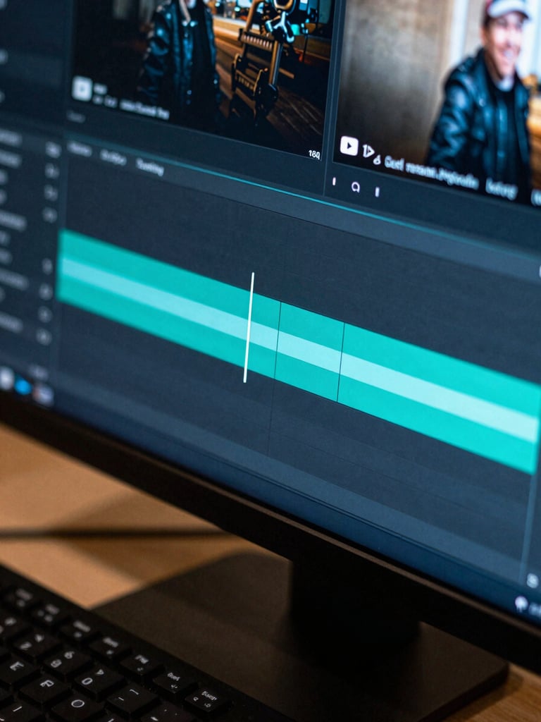 Extreme close-up of a YouTube video timeline on a dark monitor, color-graded footage glowing electric teal and deep blue on the edit track, playhead mid-sequence, monitor light casting sharp highlights on keyboard below