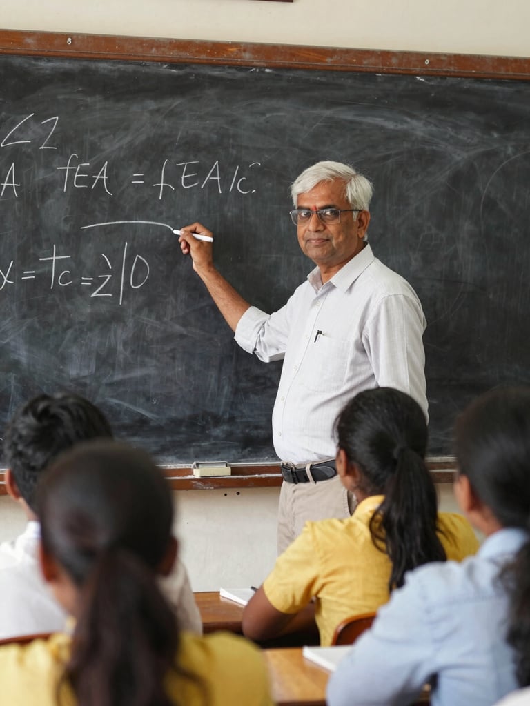 A senior Indian professor in a classroom setting, writing on a blackboard, warm natural lighting, authentic academic environment
