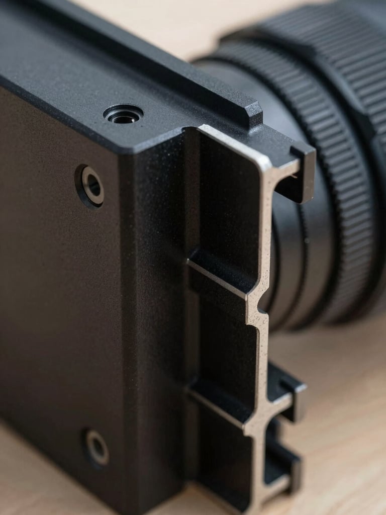 Extreme close-up of a matte black aluminum profile joint, showcasing precise mechanical seals and structural rigidity under sharp daylight.