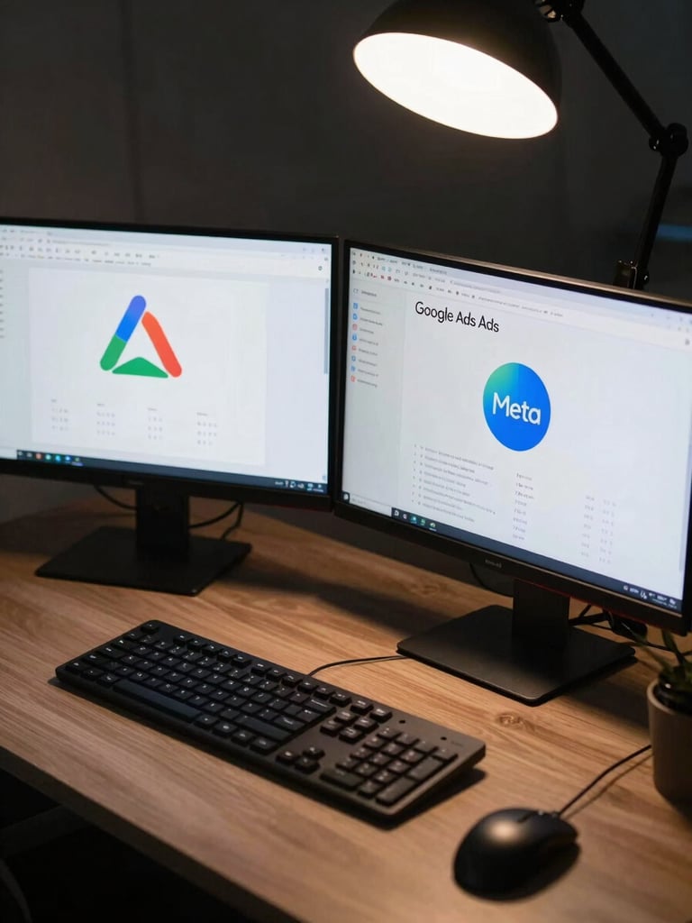 Tight overhead shot of a dual-monitor desk setup showing Google Ads and Meta Ads dashboards side by side, cool studio key light hitting the screens, KPI numbers visible, no people, no warm tones