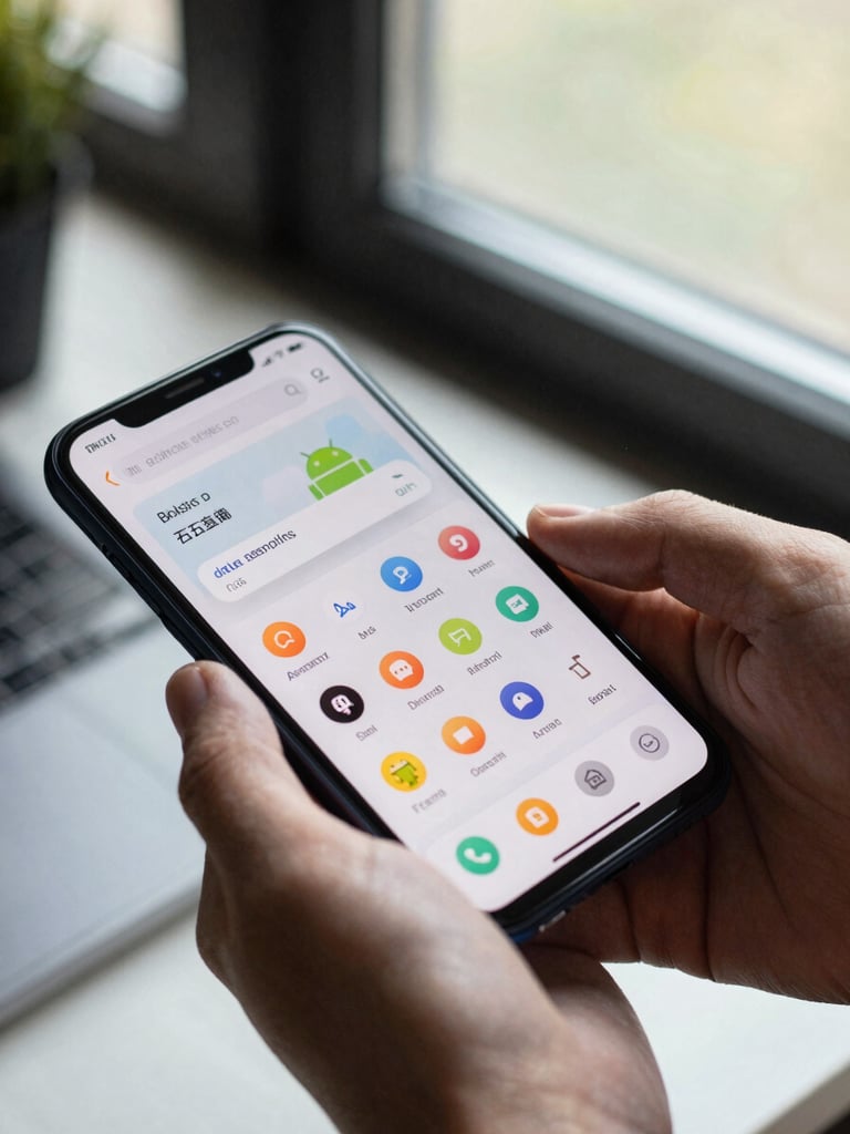 Close-up of hands holding an Android phone mid-use, app interface visible on screen, natural daylight from a nearby window, crisp and functional, workspace surface partially visible below