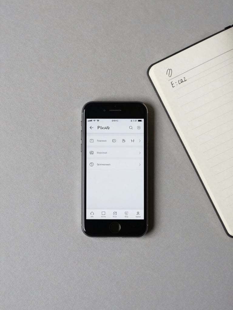Overhead flat-lay of a minimal workspace: Android phone showing a clean app UI, a notepad with handwritten notes, daylight from above, muted neutral surface, no clutter