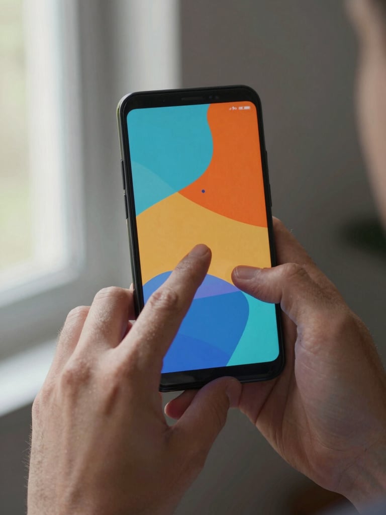 Close-up of hands holding an Android phone in landscape orientation, game interface visible on screen with vivid color tiles, natural daylight from a window to the left, fingers mid-gesture on the touchscreen