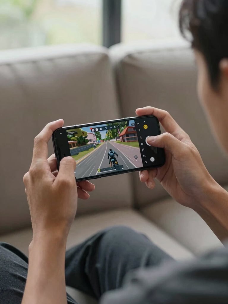 Wide environmental shot of a person sitting on a couch, Android phone held in both hands in landscape mode, game interface close-up visible on screen with crisp UI elements, natural daylight from a nearby window, relaxed mid-session focus