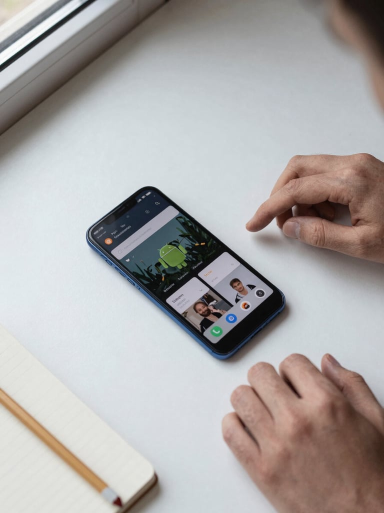 Overhead flat-lay of an Android phone on a clean desk, hands resting nearby mid-task, app interface visible on screen, natural daylight from a window to the left, minimal shadows, a notepad and pencil at the edge of frame