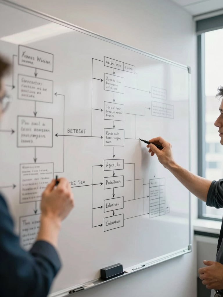 Wide-angle view of a whiteboard architecture session in a spare office, dense system-flow diagrams and regulatory checkpoint annotations visible in black marker, two sets of hands mid-gesture near the board, north-facing daylight from a window to the right