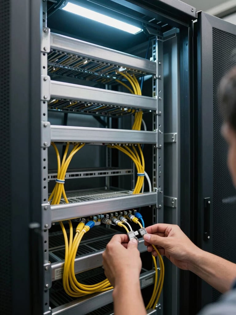 Wide shot of a server cabinet installation in progress, close-up of cable management and rack units under cool fluorescent overhead light, engineer's hands visible at the lower frame adjusting patch cables, no faces