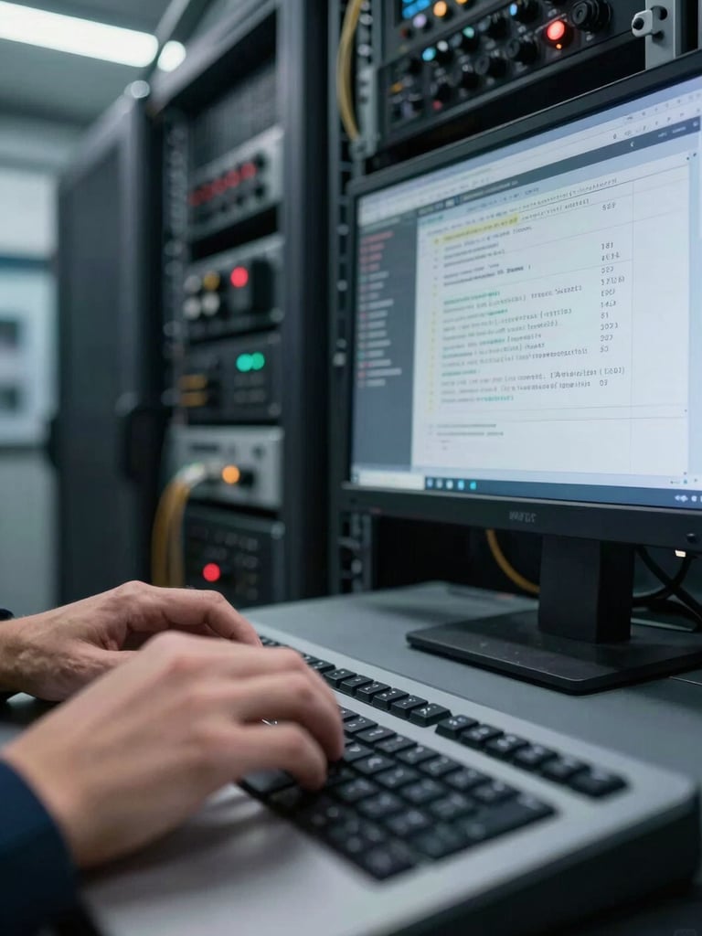 Close-up environmental shot of an engineer's hands at a rack-mounted console terminal, fingers on keyboard, deployment log scrolling on a dark monitor, natural overhead light in a live server room, cables visible in background, no faces