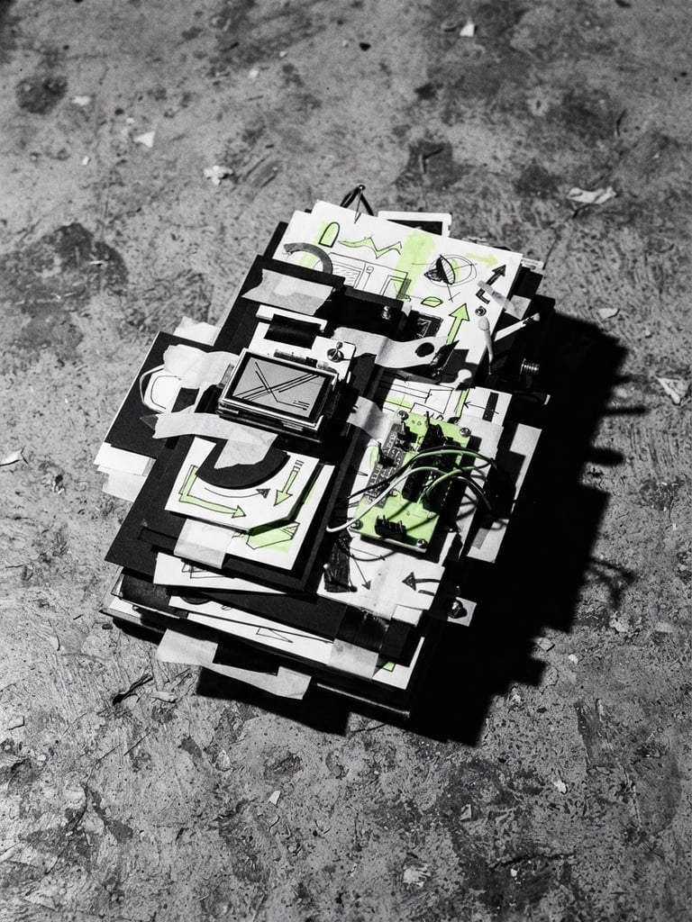 Stark close-up of physical design mockup on a raw concrete floor, harsh direct flash, deep shadows, high-contrast monochrome, 35mm