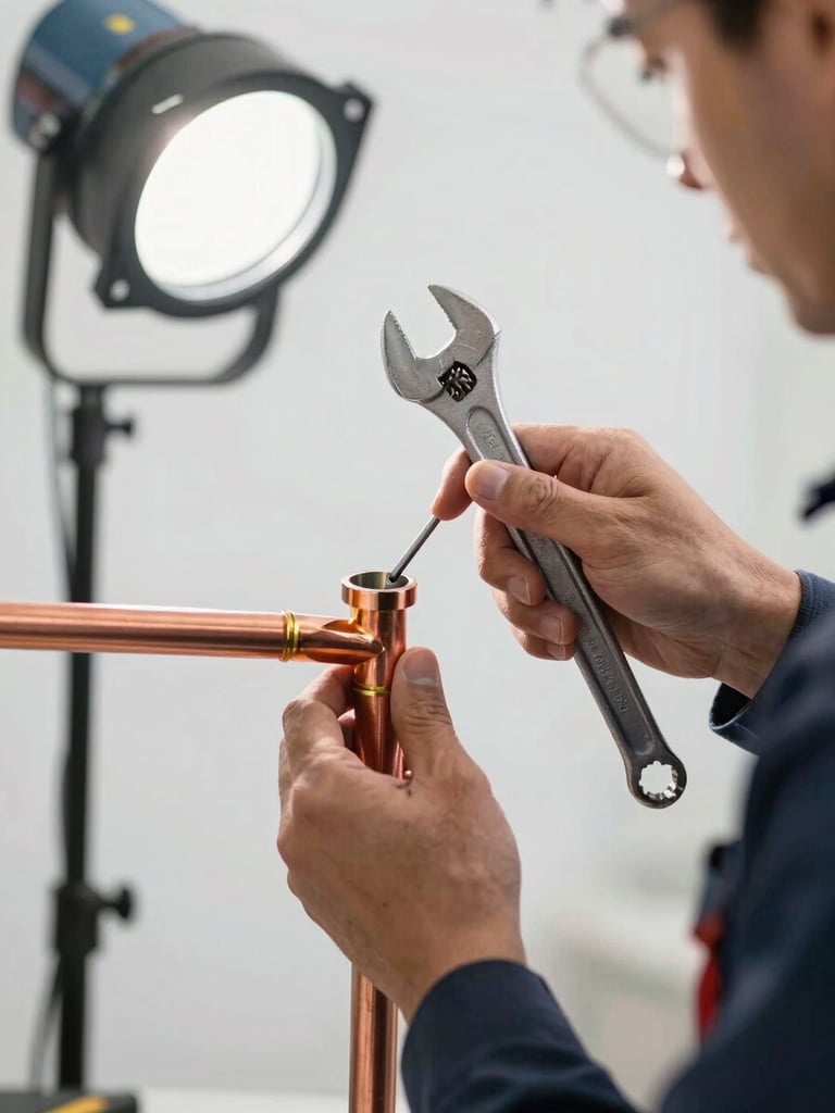 A professional technician adjusting a clean copper pipe joint with a wrench, bright utility work lights, high contrast, sharp focus, 35mm