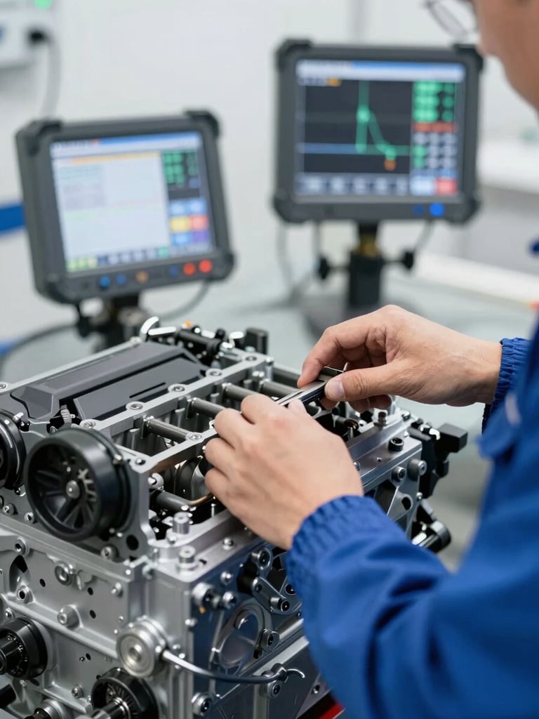 Mechanic's hands making precise adjustments to a high-performance engine, specialized diagnostic tools visible, bright workshop lighting, shallow depth of field.