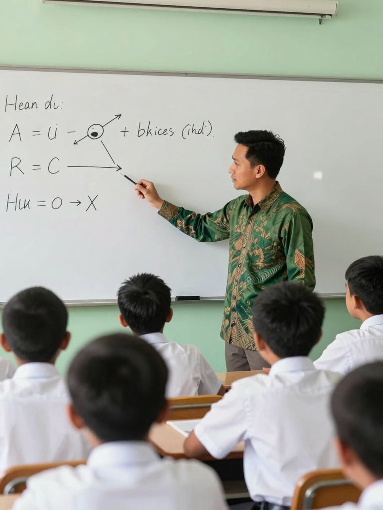 Bright editorial photography of a modern Islamic school classroom, a male teacher wearing a neat green batik shirt explaining a science concept on a whiteboard to focused junior high students wearing clean white uniforms, warm natural daylight, soft green tones.