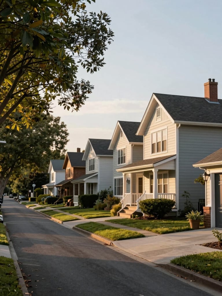 Wide environmental shot of a quiet residential street at golden morning light, a well-kept craftsman home facade visible to the right third of frame, mature trees lining the sidewalk, empty street receding into soft depth, no people, no signs