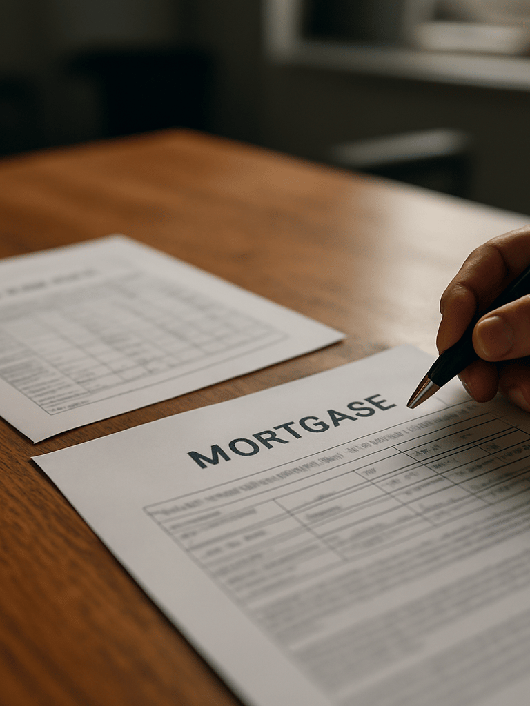 Close environmental shot of a loan rate sheet and a printed mortgage document on a wooden desk, a hand resting beside them holding a pen, natural window light casting soft shadows across the paper, office background softly out of focus, no faces visible, documentary framing
