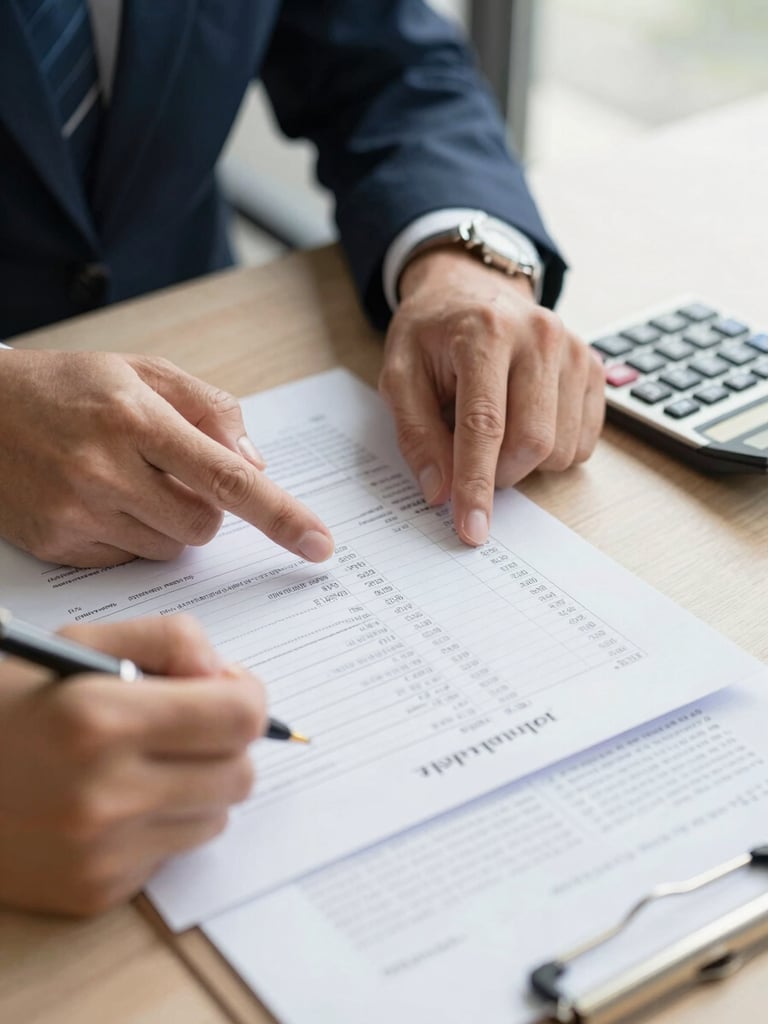 Close-up of a loan officer's hands reviewing a printed rate sheet and property appraisal on a desk, a calculator and pen to the right, daylight from a window illuminating the documents, shallow depth of field on the figures
