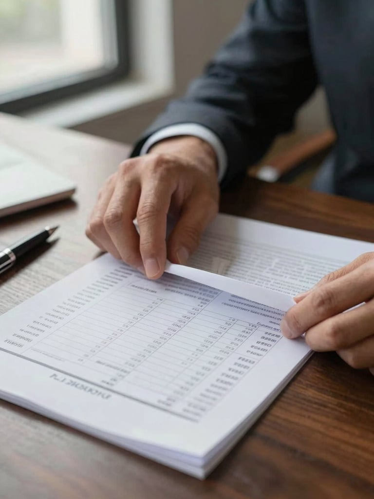 Close-up environmental shot of a borrower's hands turning document pages on a dark wood desk, a printed rate comparison sheet visible, soft daylight from a window to the left, ink pen resting beside the paper