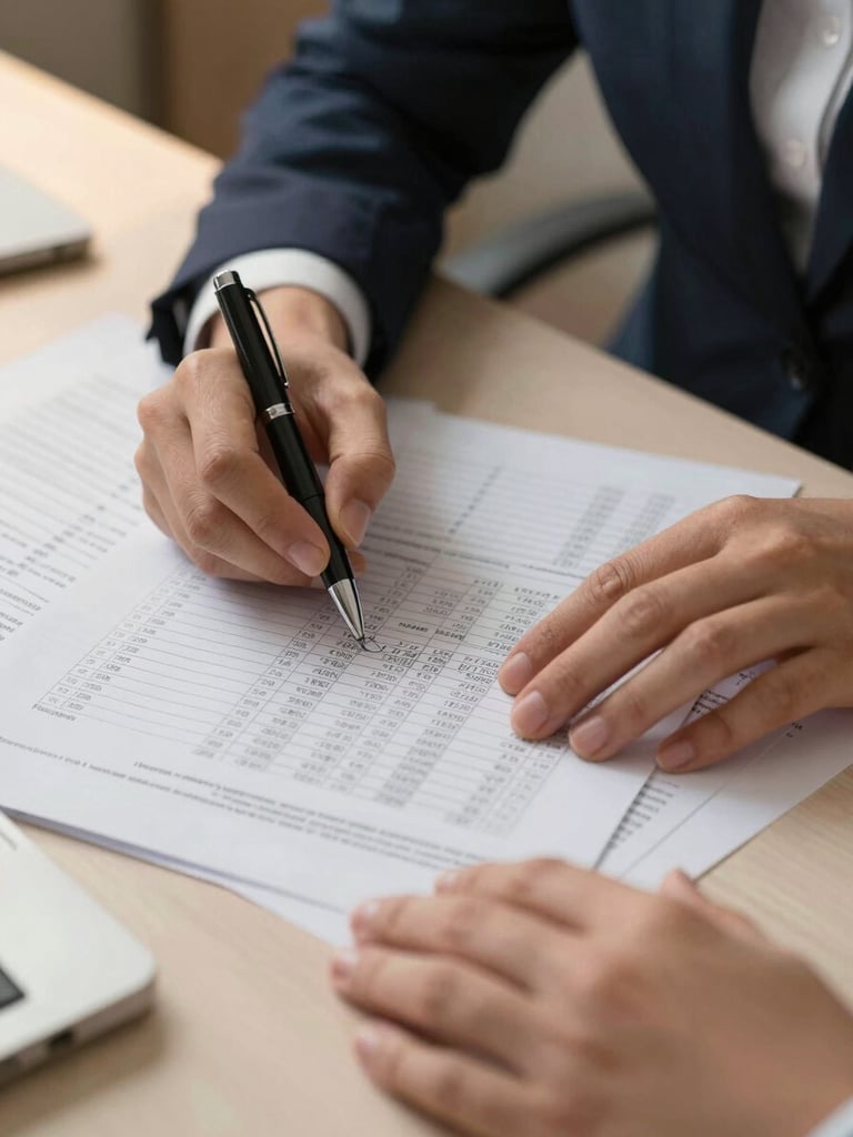 Close environmental shot of a loan officer's desk — hands reviewing a printed rate sheet with annotated numbers, a pen marking figures, warm office tungsten light from the left, papers spread naturally across the surface