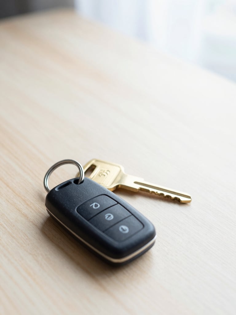 Close-up of a brass house key and a modern car key fob resting on a clean wooden desk, natural overcast daylight