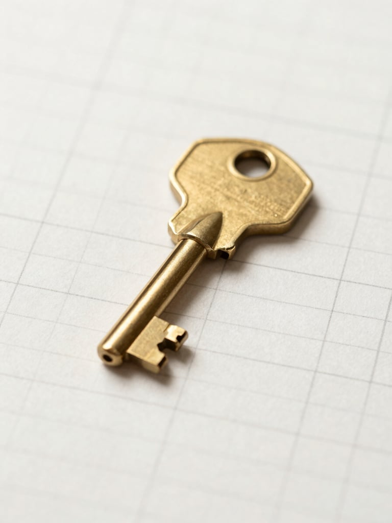 Close-up of brass keys resting on a clean, heavy-stock paper document with structured grid lines, soft natural daylight.