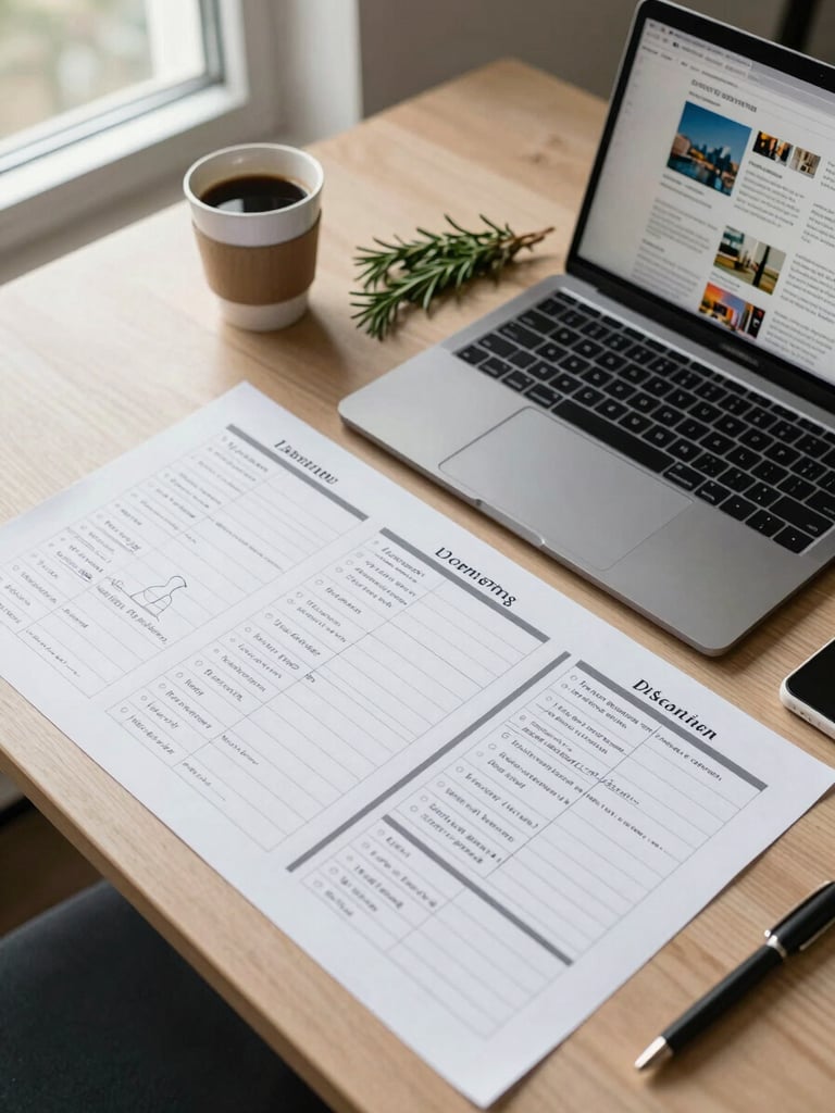 Close overhead shot of an agency planning table — a printed content grid, handwritten notes, and a laptop open to a social media draft, natural window light from the left, a coffee cup and a small bunch of rosemary resting at the corner of the table