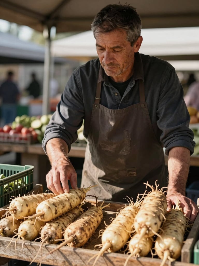 Portrait-oriented shot of a farmer at his market stall mid-morning, hands resting on a crate of root vegetables, looking down at his produce, outdoor market light, candid and unposed, visible texture of the wooden stall surface