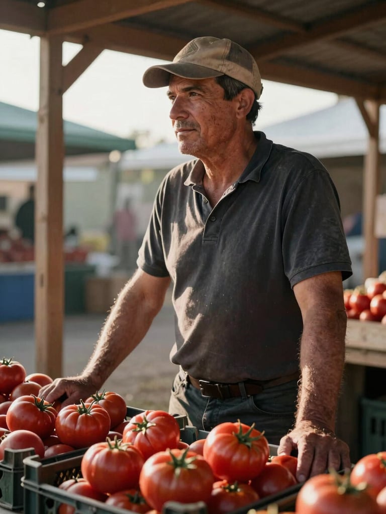 Portrait-oriented shot of a farmer standing at a market stall in early morning outdoor light, hands resting on a crate of heirloom tomatoes, face turned slightly away in quiet concentration, wooden stall structure visible in background, warm directional daylight from the left