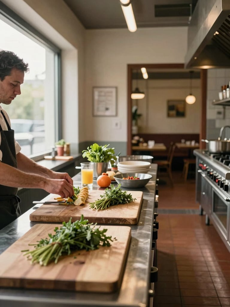 Wide environmental shot of a restaurant kitchen mid-setup, viewed from the left edge of the room — a cook arranging mise en place on a steel counter under warm north-facing window light, apron-clad arms in motion, prep boards and herb bundles in the foreground, the dining room partially visible through a service pass in the background
