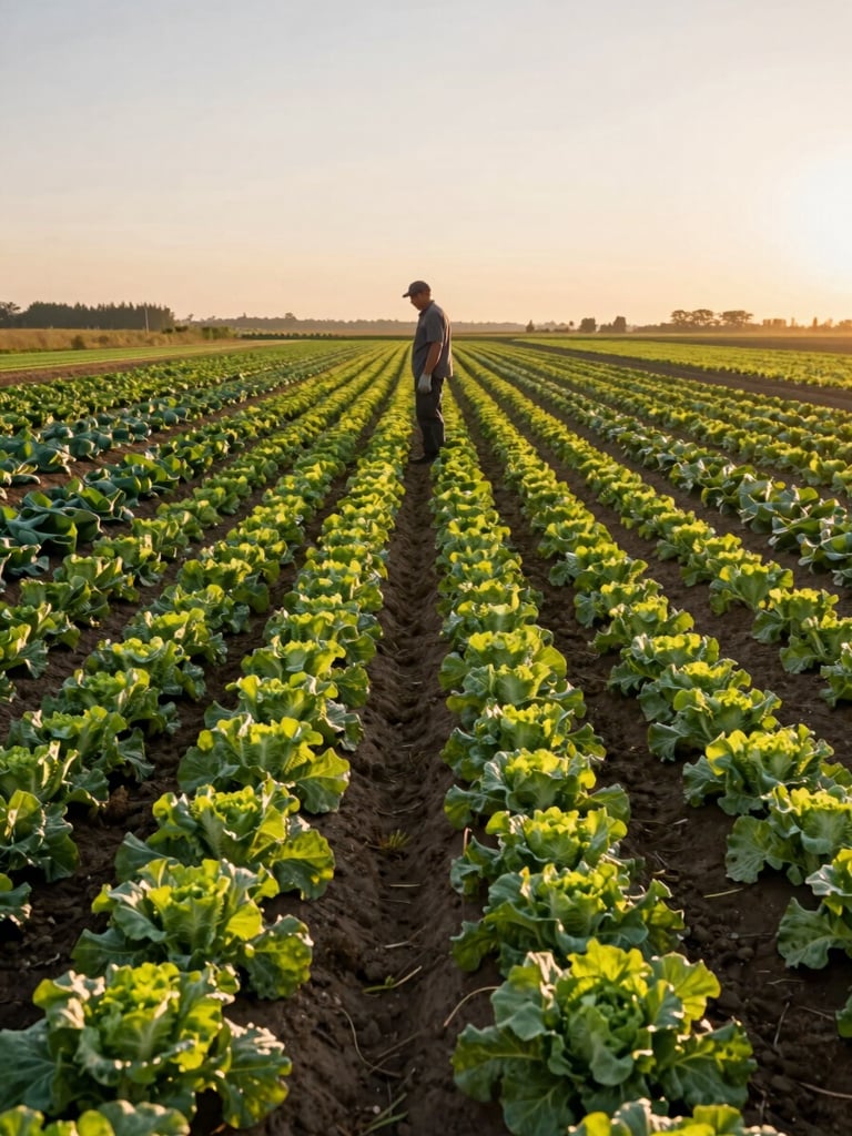 Wide environmental shot, a farmer standing at the edge of a vegetable field at golden hour, rows of leafy greens stretching toward the horizon, warm low sunlight raking across the soil, figure seen from mid-distance with back slightly turned, working gloves visible at side