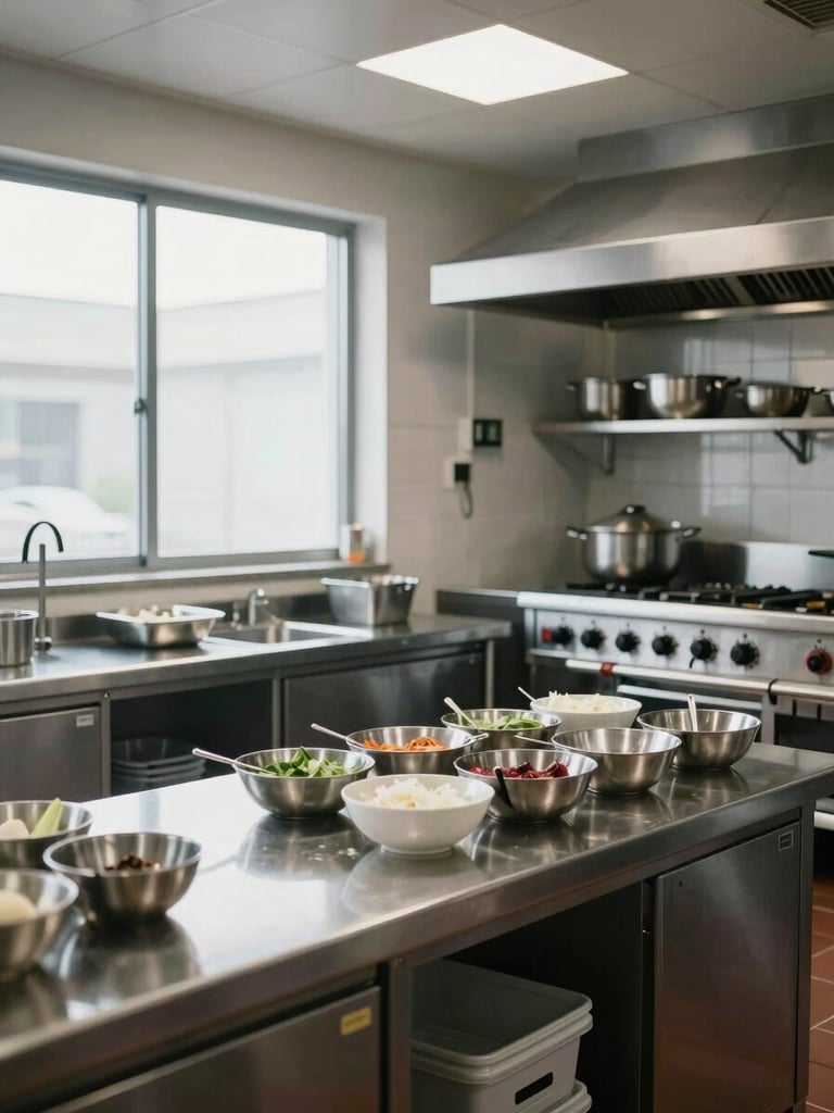 Wide shot of a commercial prep kitchen from the side — stainless counters, organized mise en place bowls, cool north-facing window light, empty of people, geometric and precise