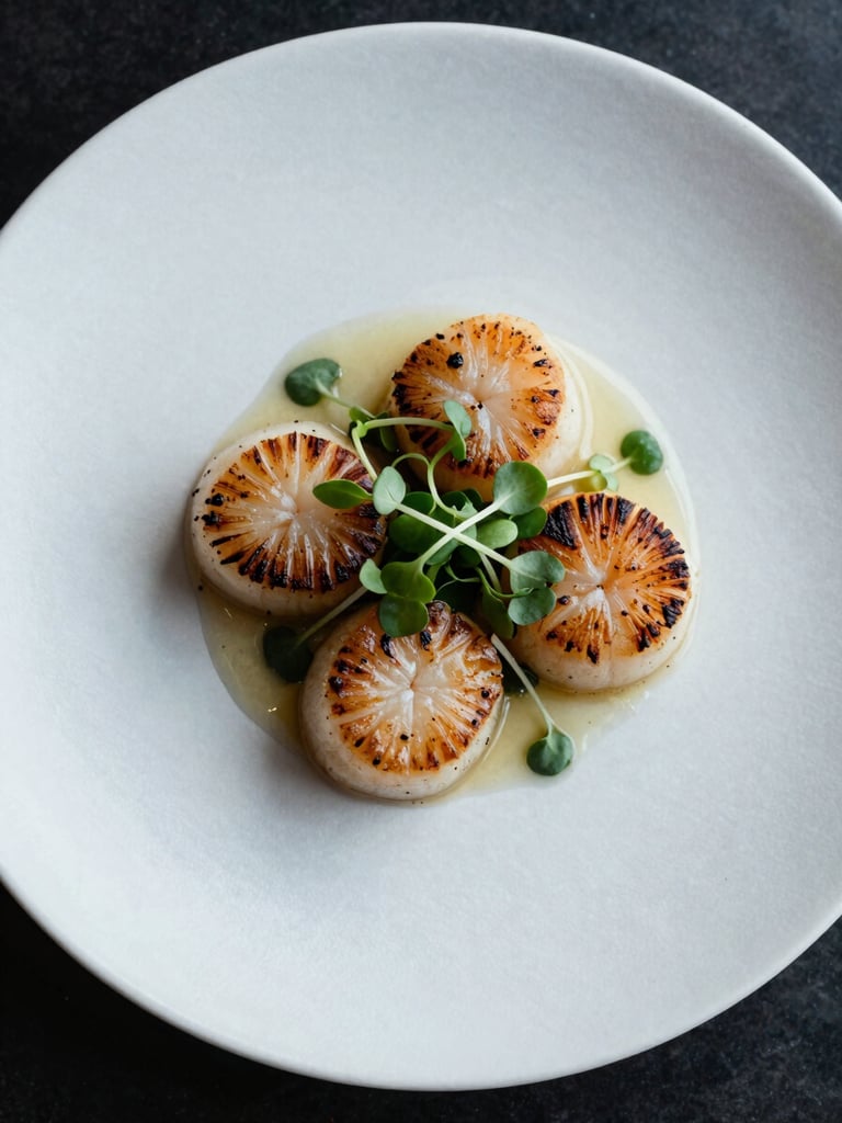 Overhead close-up of a single composed plate on white linen — a precisely arranged starter of seared scallops with microgreens and a pale sauce dot, cool studio strobe lighting, minimal negative space at frame edges, no hands visible