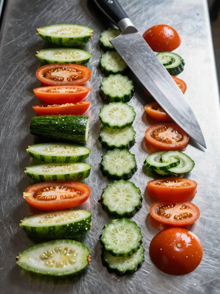 Overhead close-up of a stainless-steel prep surface, chef's knife precisely placed beside trimmed seasonal vegetables arranged in parallel rows, cool studio strobe lighting, sharp focus, no people