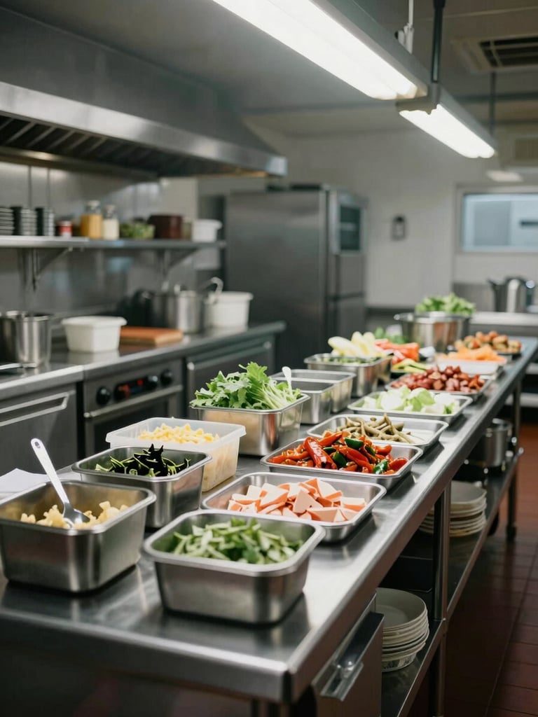 Wide environmental shot of a professional event prep kitchen, stainless steel surfaces with ingredients and tools organised in rows, cool overhead fluorescent light, no people visible, calm and methodical atmosphere