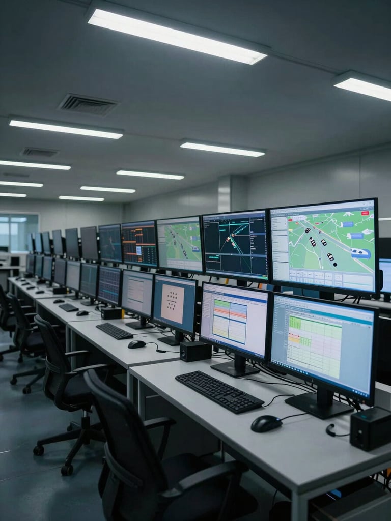 Wide environmental shot of a logistics operations center at shift-change, multiple monitors showing fleet mapping and data grids, cool overhead fluorescent lighting, empty operator chairs, no people, dark room with glowing screens