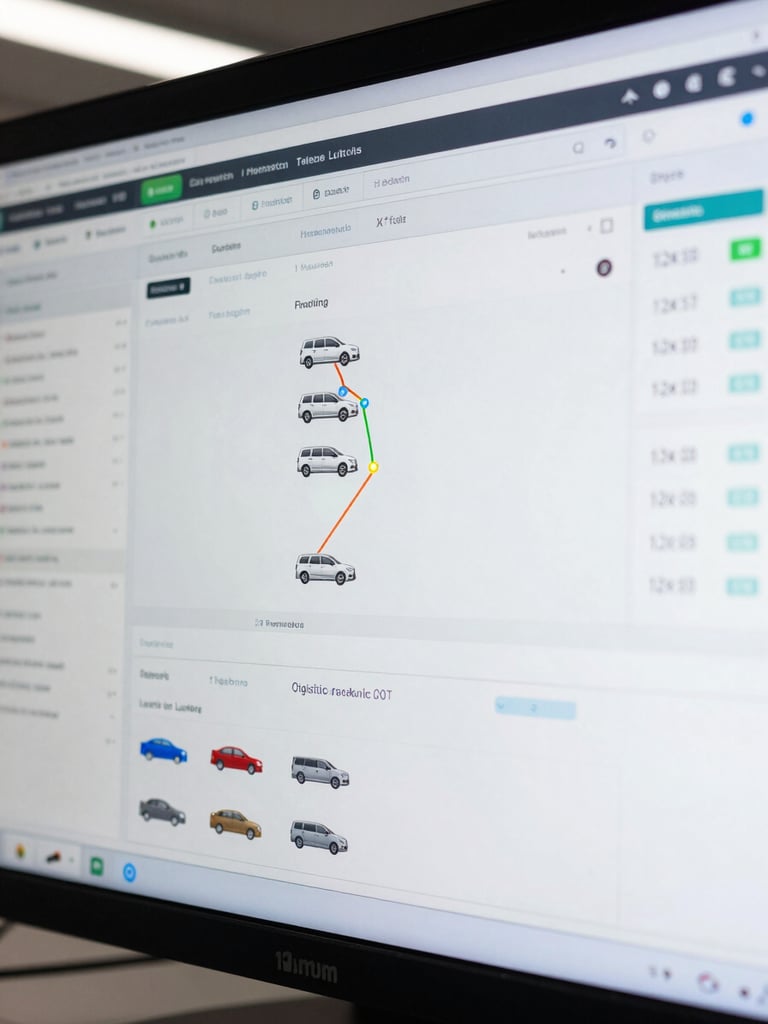 Extreme close-up of a logistics tracking dashboard screen showing live fleet positions, route data, and status indicators under cool white studio lighting — screen fills the frame, no faces, data in motion